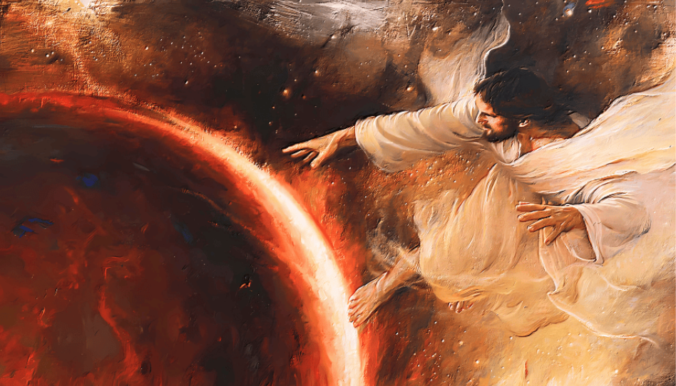 This painting depicts the Cosmic Christ reaching through space toward a planet, symbolizing Jesus as the creator of the universe.