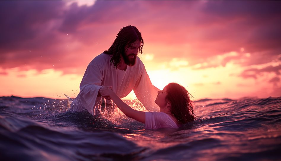 Jesus Christ is helping and raising a women from the water