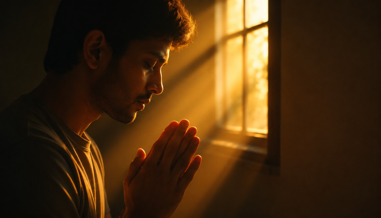కిటికీ నుండి వస్తున్న బంగారు సూర్యకాంతిలో కళ్లు మూసుకుని చేతులు జోడించి ప్రార్థిస్తున్న దృశ్యం