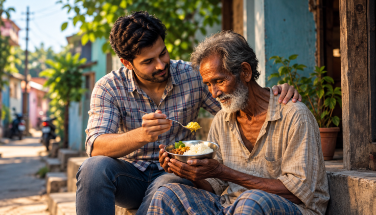 రోజువారీ జీవితంలో వృద్ధులకు లేదా పొరుగువారికి చిరునవ్వుతో ఆహారాన్ని అందిస్తూ ప్రేమగా సహాయం చేస్తున్న వ్యక్తి దృశ్యం.